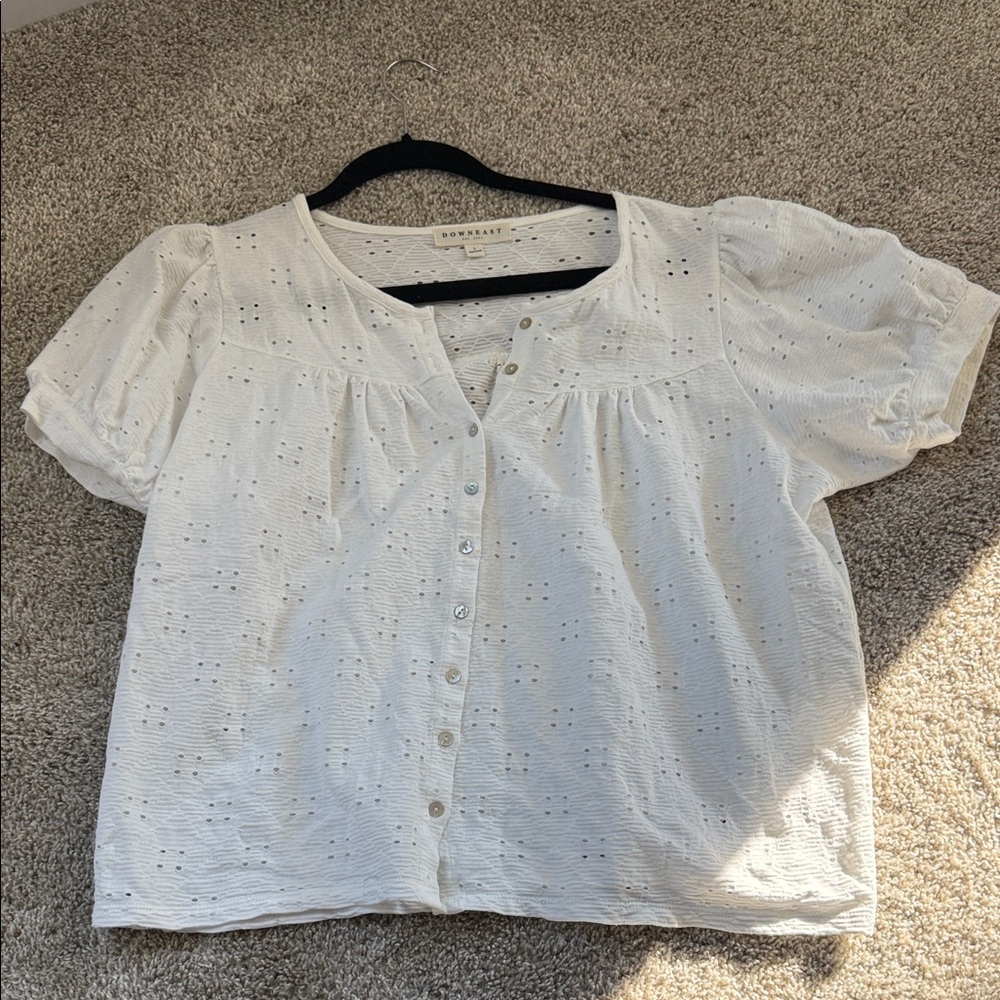 DownEast White Eyelet Button-Up Blouse